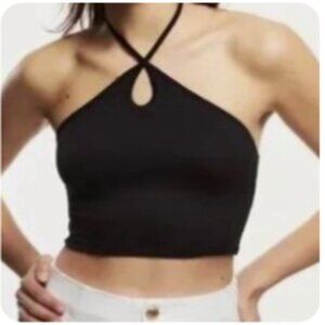 NWT Zara Ribbed Keyhole Halter Style Tie Cropped Top Black Size Medium